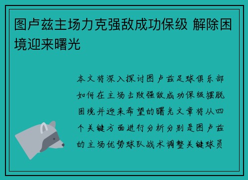 图卢兹主场力克强敌成功保级 解除困境迎来曙光