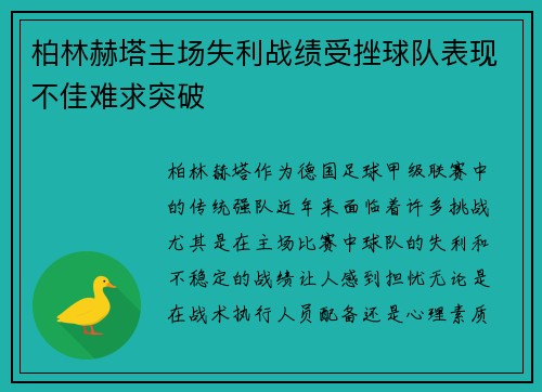 柏林赫塔主场失利战绩受挫球队表现不佳难求突破